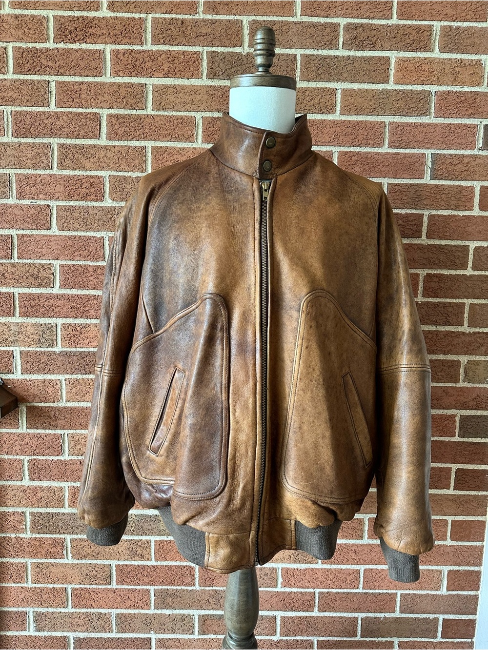 Vintage Context Brown Leather Bomber Jacket Mens Red Lining Southwestern, XL